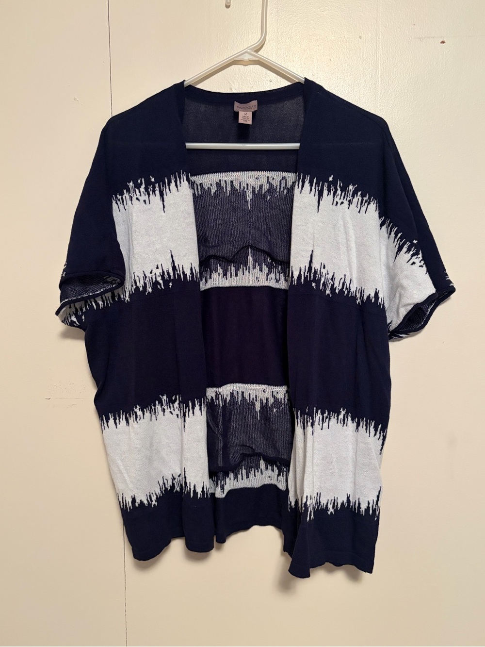 Chico's Navy and White Open-Front Short Sleeve Cardigan